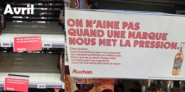 Auchan et Intermarché déréférencent des stars du rayon alcools. Le printemps voit fleurir des affichettes en rayon indiquant l'absence des marques