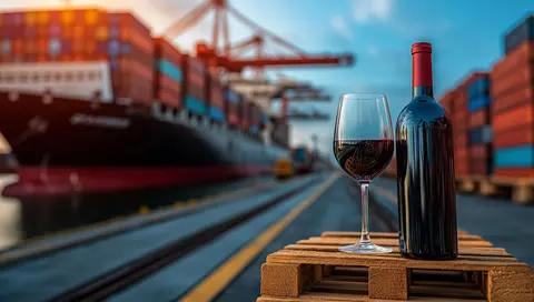 A bottle of red wine and glass sit on wooden pallet near shipping port, with colorful containers and cargo ship in background, creating vibrant indust